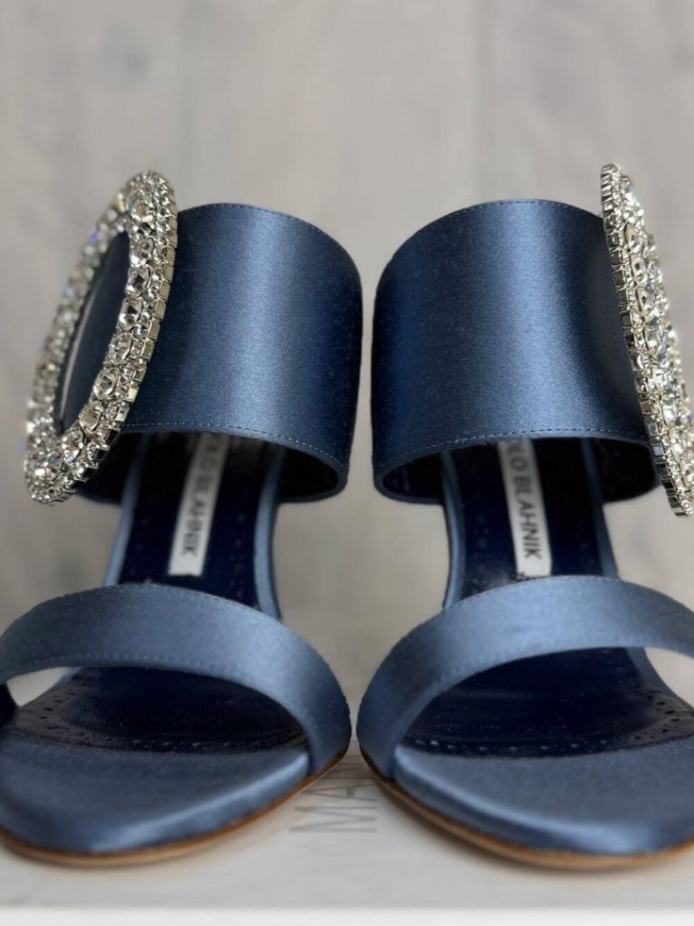 Manolo Blahnik Blue Satin Fibiona Mules Heels Swarovski Rhinestone Sandals